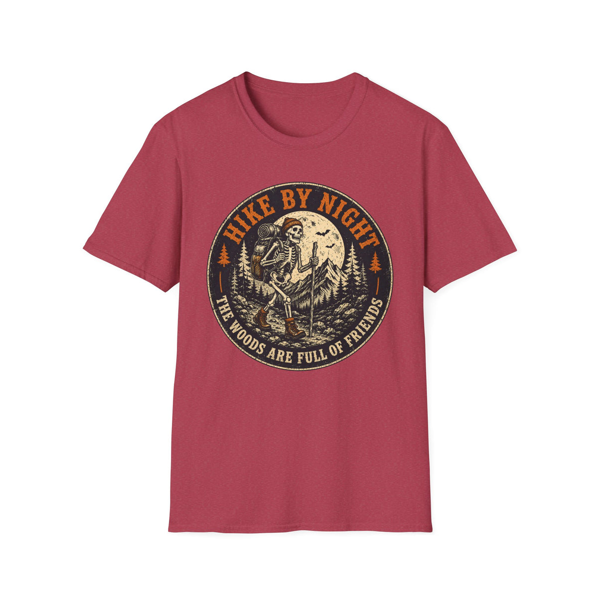 Hike By Night T‑Shirt — Retro Skeleton Night Hiker Graphic
