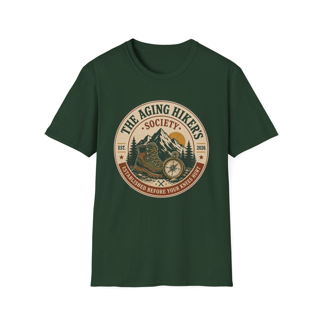 Aging Hiker's Society T-Shirt – Vintage Mountain Outdoors Adventure Tee