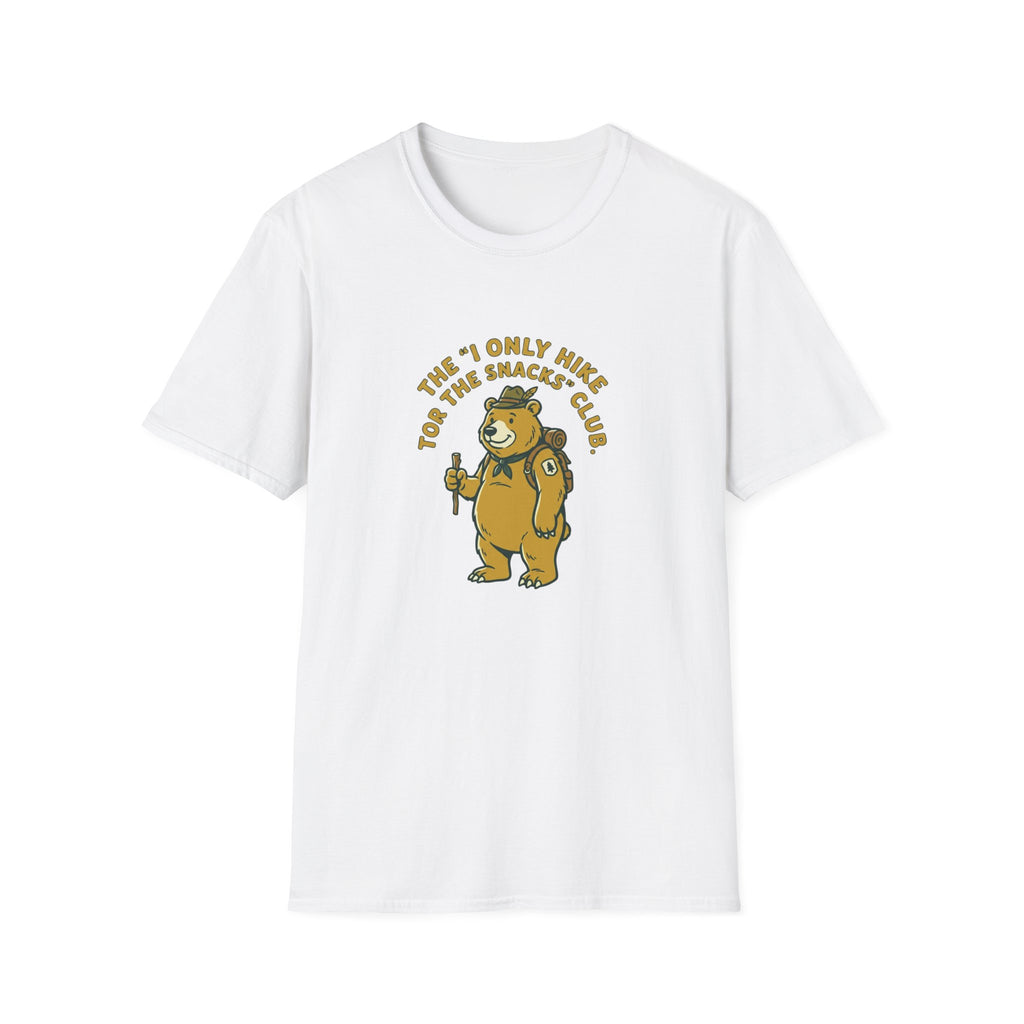Hiker Bear T-Shirt — “The I Only Hike for the Snacks Club” Funny Outdoor Tee