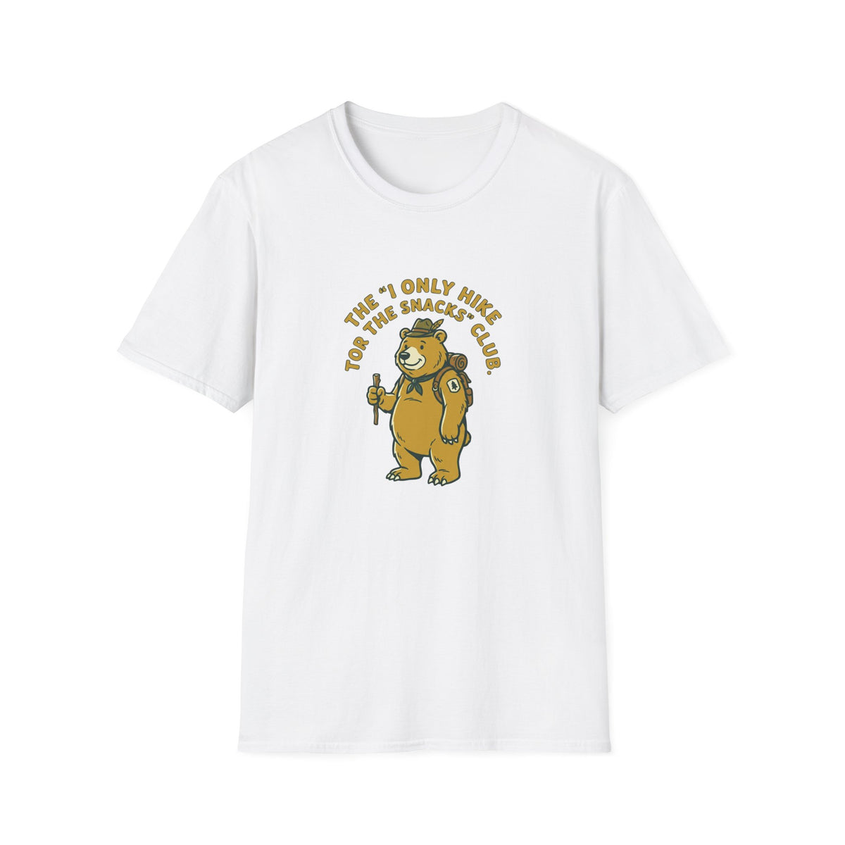 Hiker Bear T-Shirt — “The I Only Hike for the Snacks Club” Funny Outdoor Tee