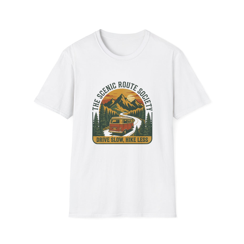 Scenic Route T-Shirt — "The Scenic Route Society: Drive Slow, Hike Less" Mountain Road Tee