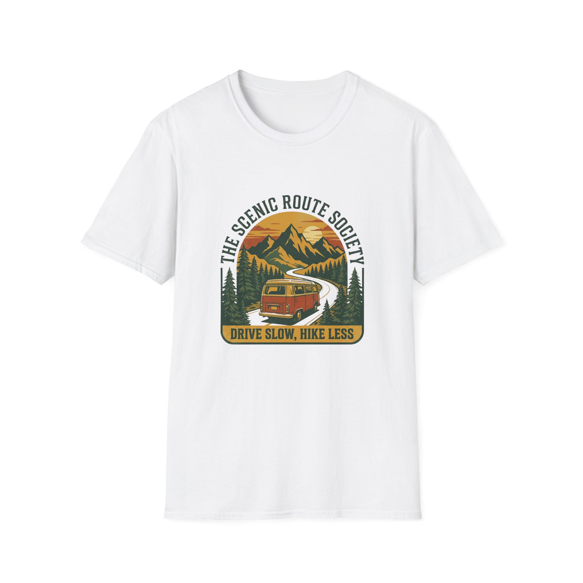 Scenic Route T-Shirt — "The Scenic Route Society: Drive Slow, Hike Less" Mountain Road Tee