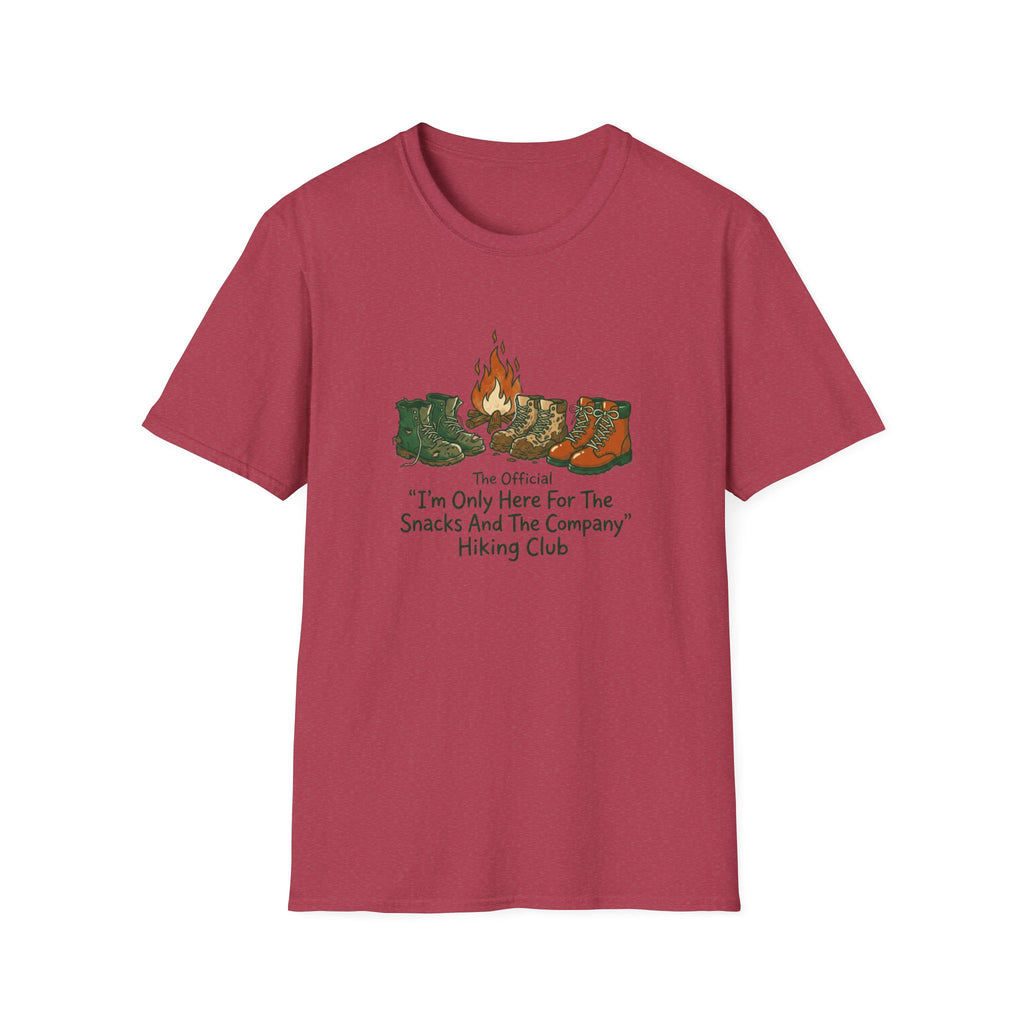 Camping Boots Graphic T-Shirt — “I’m Only Here For The Snacks And The Company” Hiking Tee