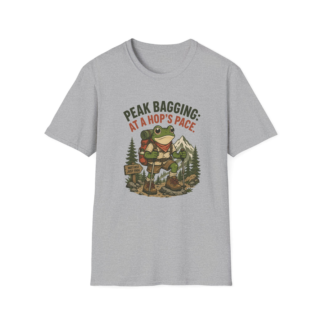T-Shirt — 'Peak Bagging: At a Hop's Pace' Frog Hiker Outdoor Graphic Tee