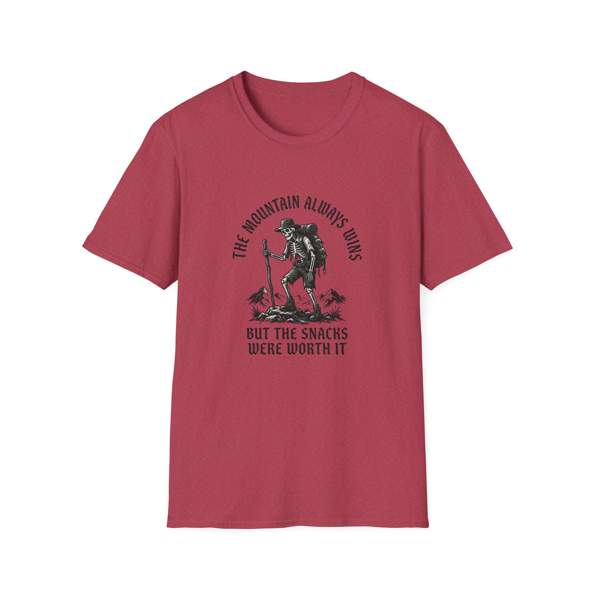 Hiking Skeleton T-Shirt — “The Mountain Always Wins” Outdoor Adventure Tee