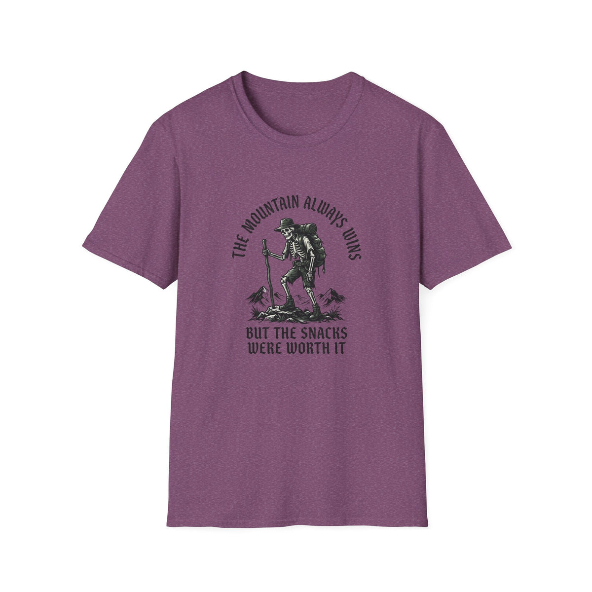 Hiking Skeleton T-Shirt — “The Mountain Always Wins” Outdoor Adventure Tee