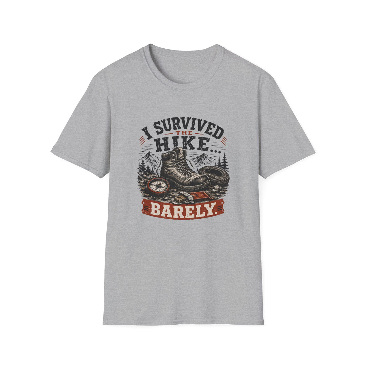 Hiking T-Shirt — "I Survived the Hike... Barely" Vintage Boots & Mountains Tee
