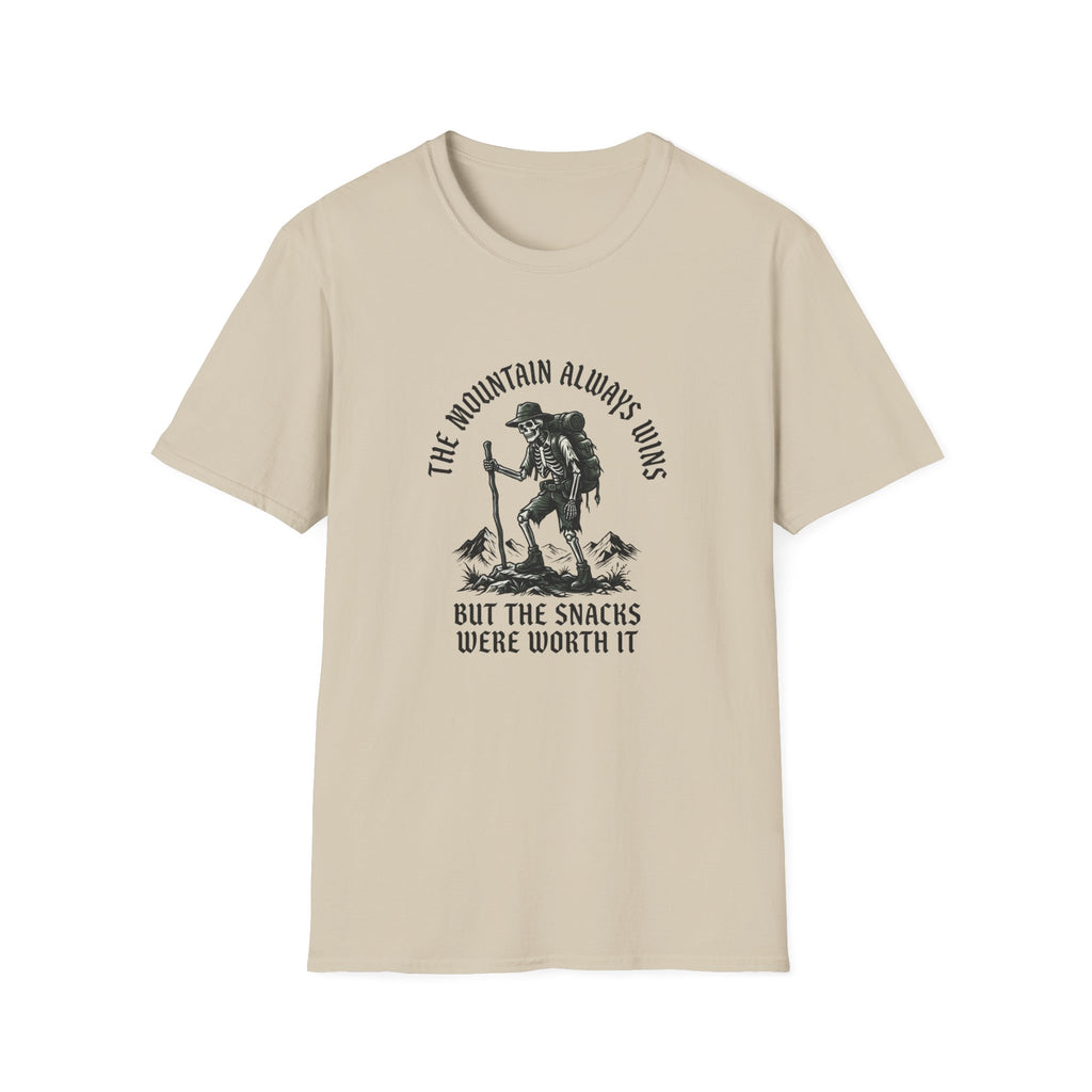 Hiking Skeleton T-Shirt — “The Mountain Always Wins” Outdoor Adventure Tee