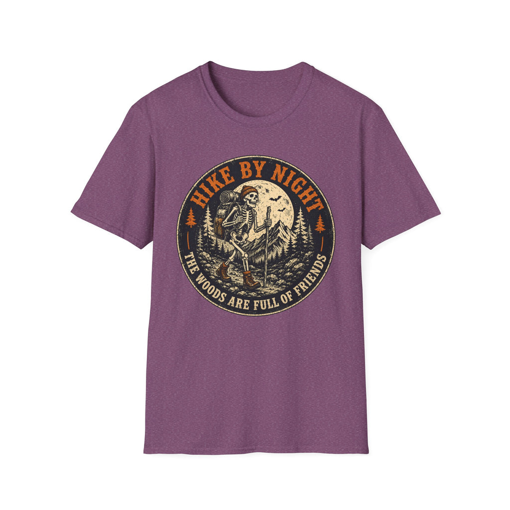 Hike By Night T‑Shirt — Retro Skeleton Night Hiker Graphic