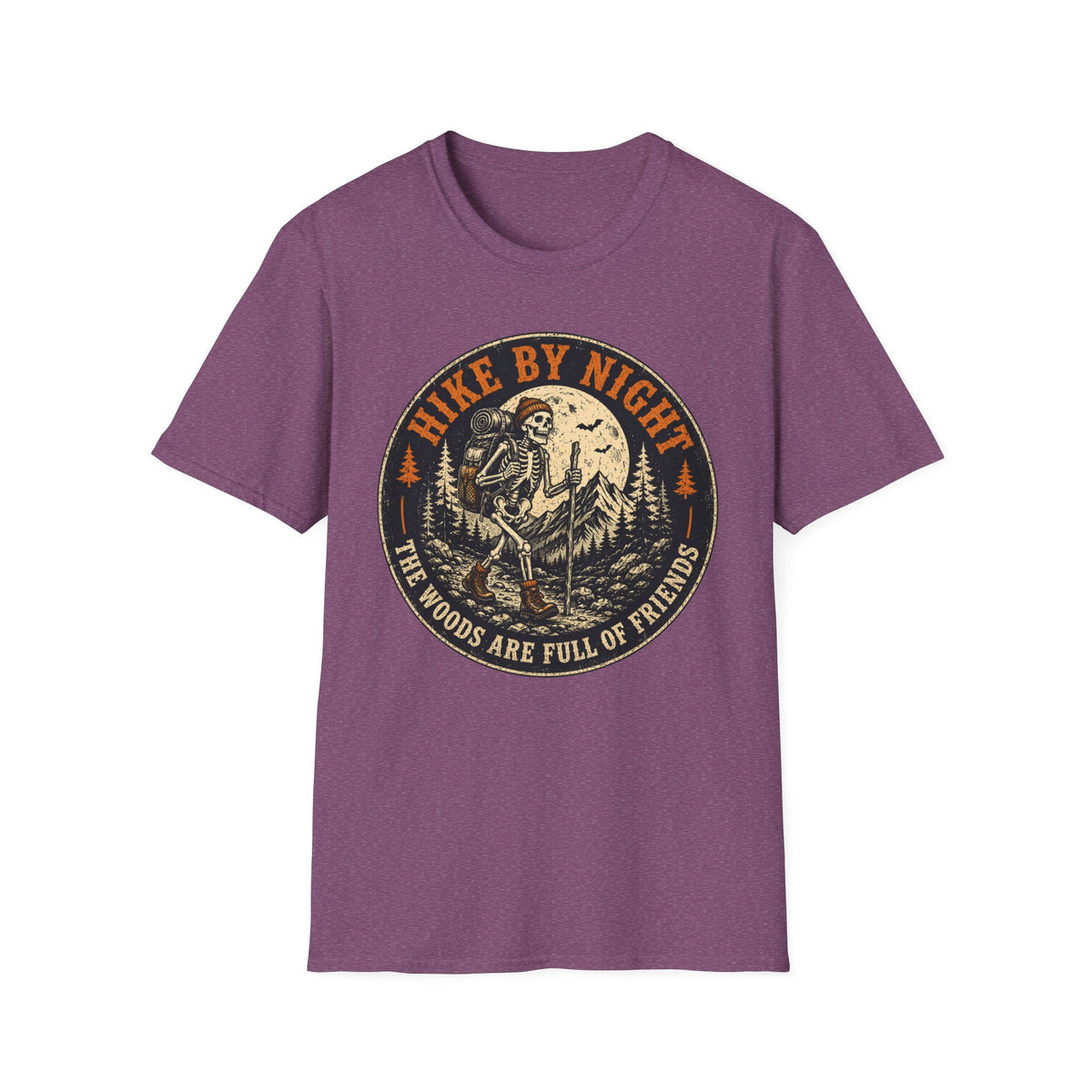 Hike By Night T‑Shirt — Retro Skeleton Night Hiker Graphic