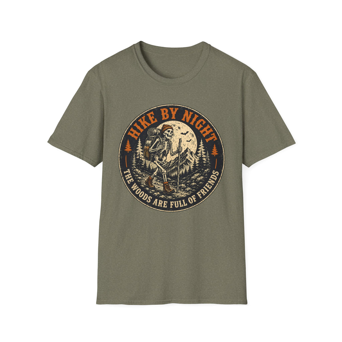 Hike By Night T‑Shirt — Retro Skeleton Night Hiker Graphic