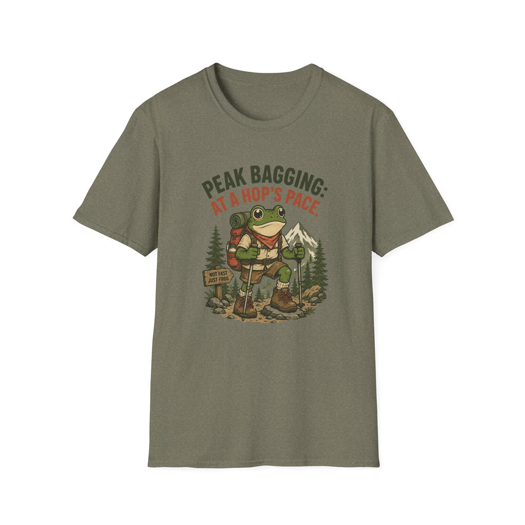 T-Shirt — 'Peak Bagging: At a Hop's Pace' Frog Hiker Outdoor Graphic Tee