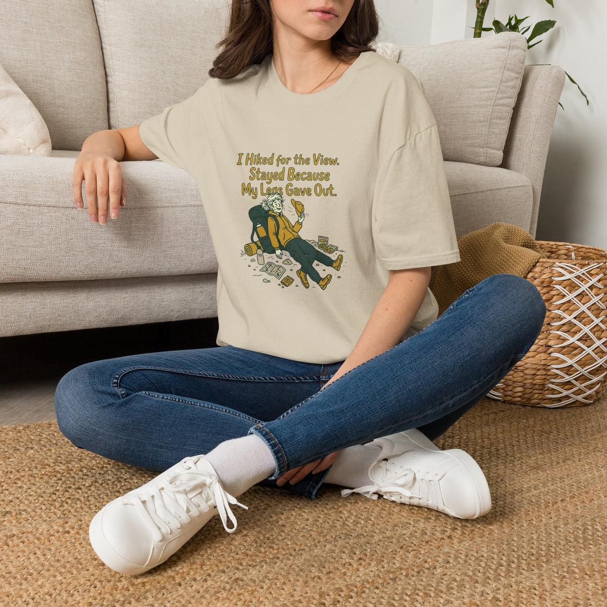 Hiking Humor T-Shirt — “I Hiked for the View. Stayed Because My Legs Gave Out.”