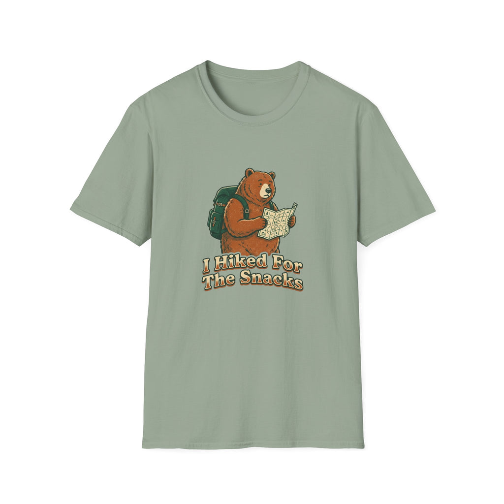 Bear Backpacker T-Shirt — 'I Hiked For The Snacks' Outdoor Adventure Tee
