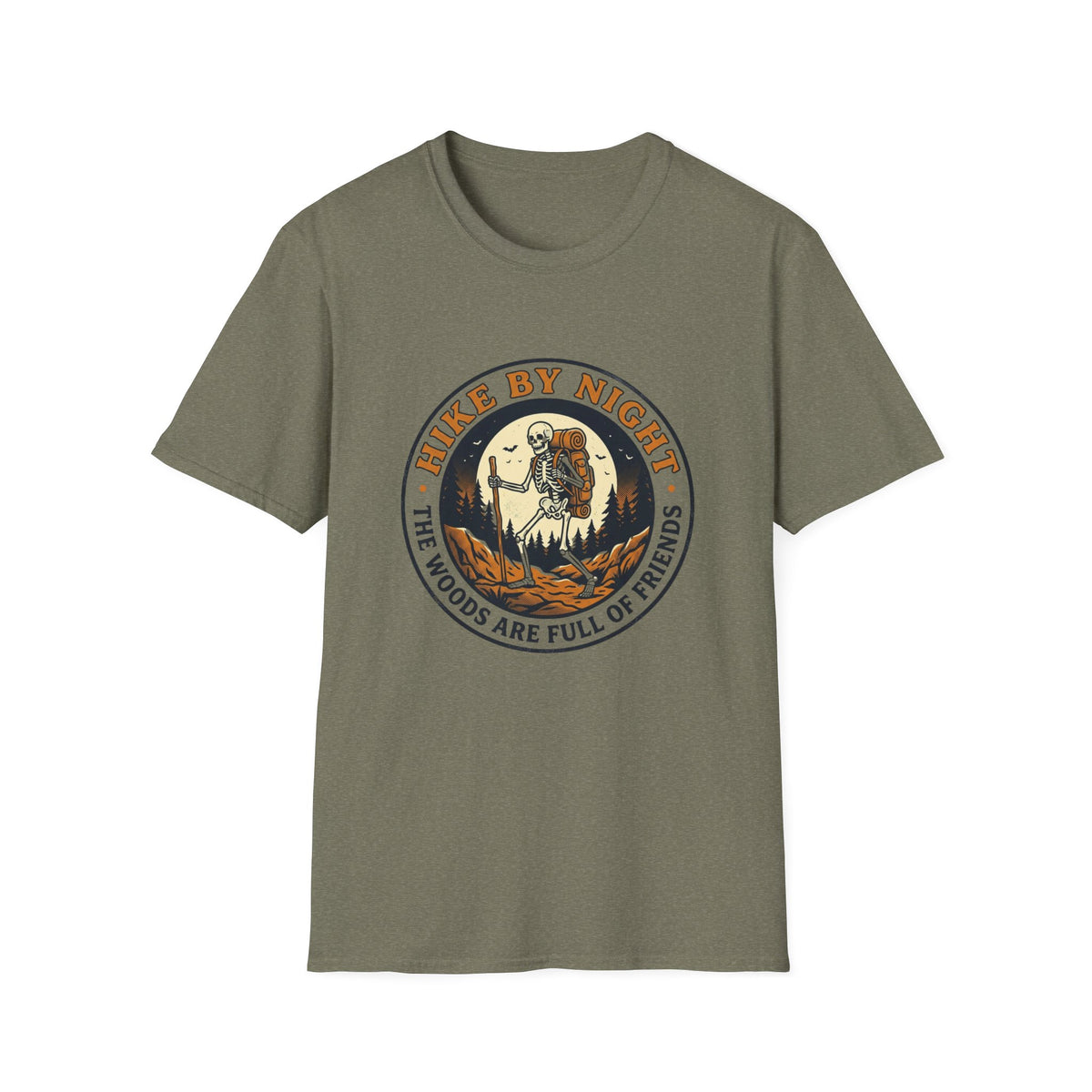 Hike By Night T‑Shirt — Skeleton Backpacking Graphic Tee