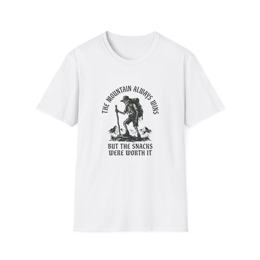 Hiking Skeleton T-Shirt — “The Mountain Always Wins” Outdoor Adventure Tee