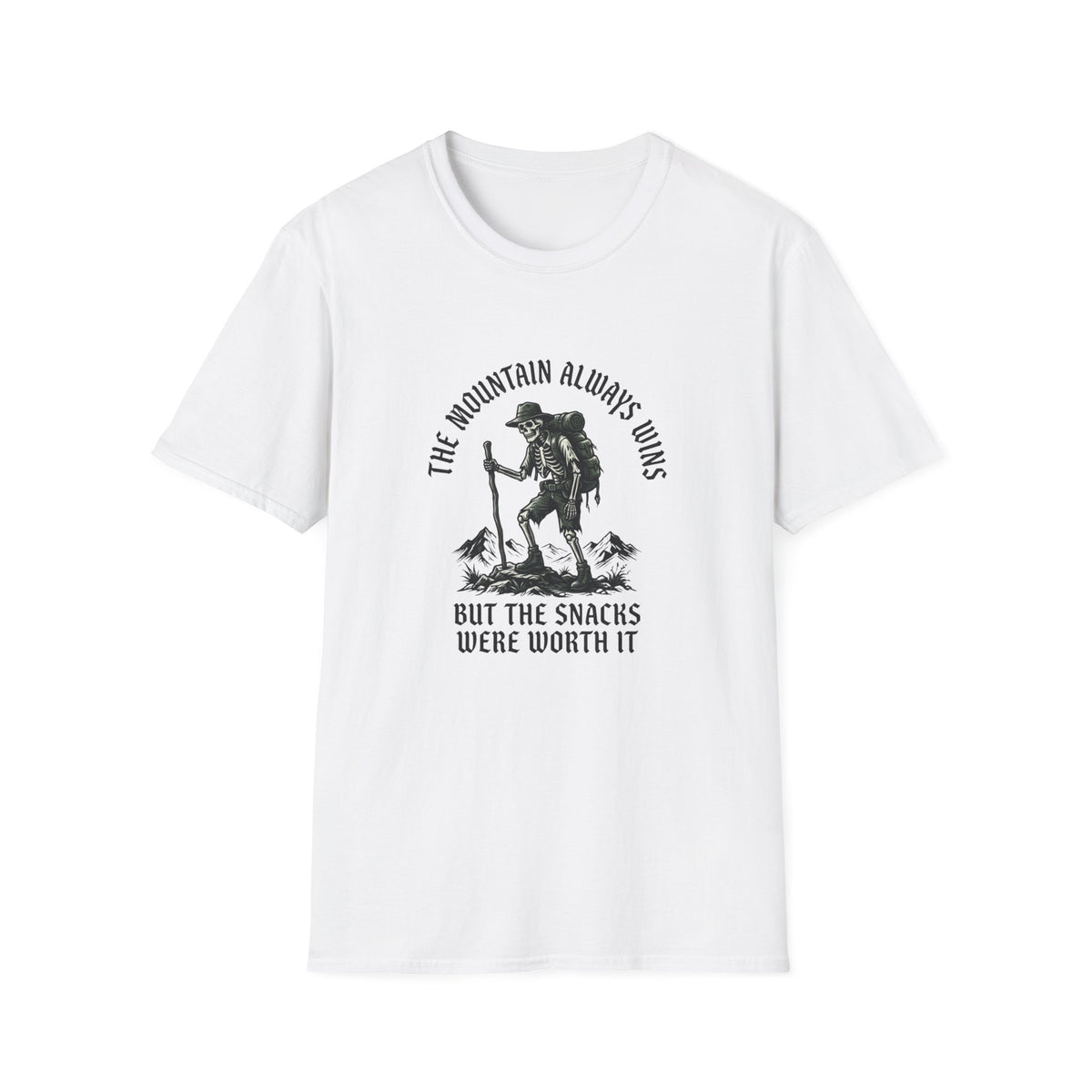Hiking Skeleton T-Shirt — “The Mountain Always Wins” Outdoor Adventure Tee