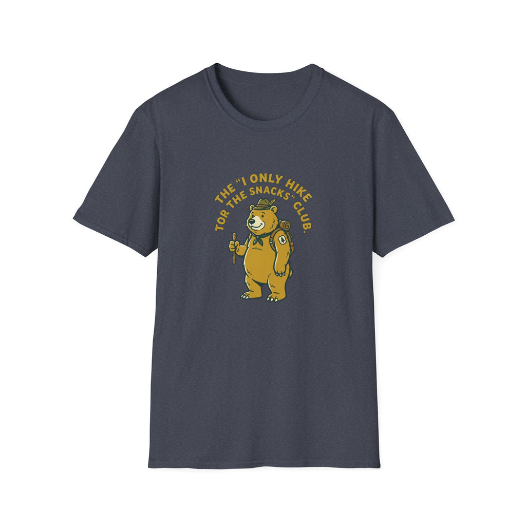 Hiker Bear T-Shirt — “The I Only Hike for the Snacks Club” Funny Outdoor Tee