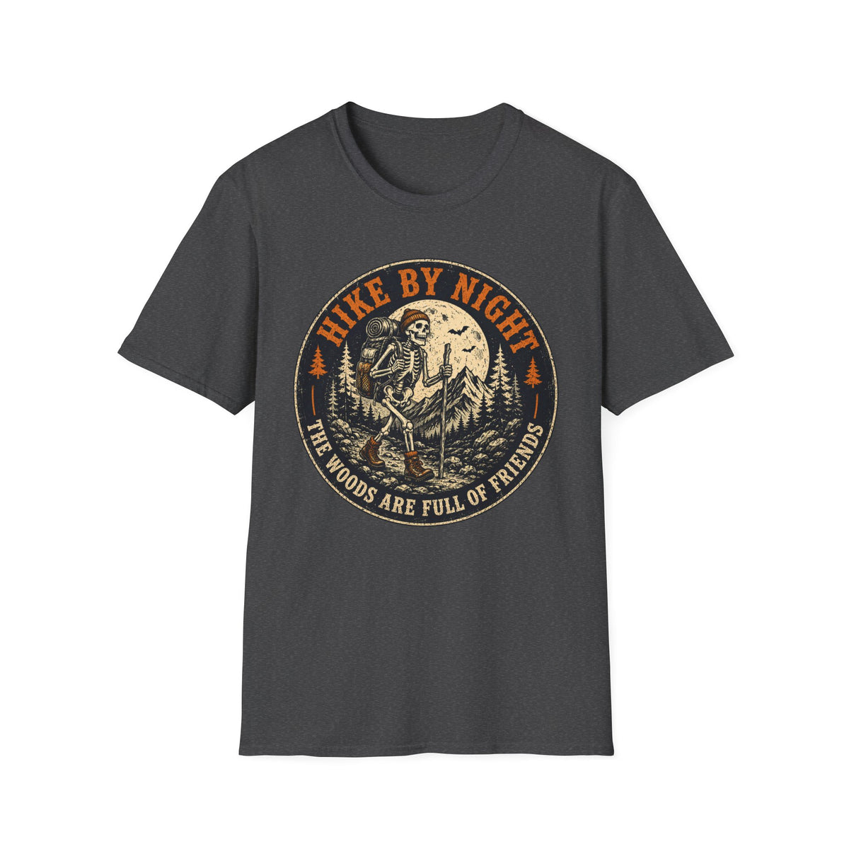Hike By Night T‑Shirt — Retro Skeleton Night Hiker Graphic