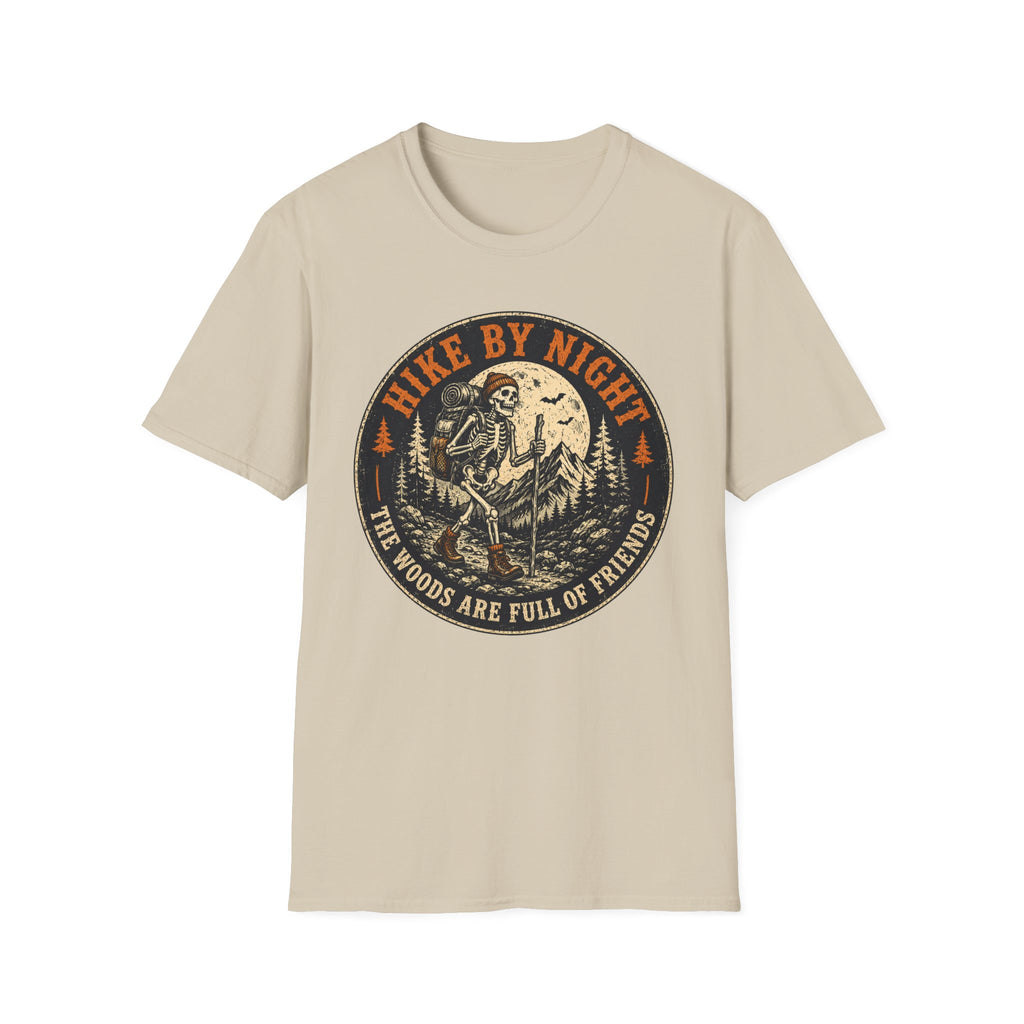 Hike By Night T‑Shirt — Retro Skeleton Night Hiker Graphic