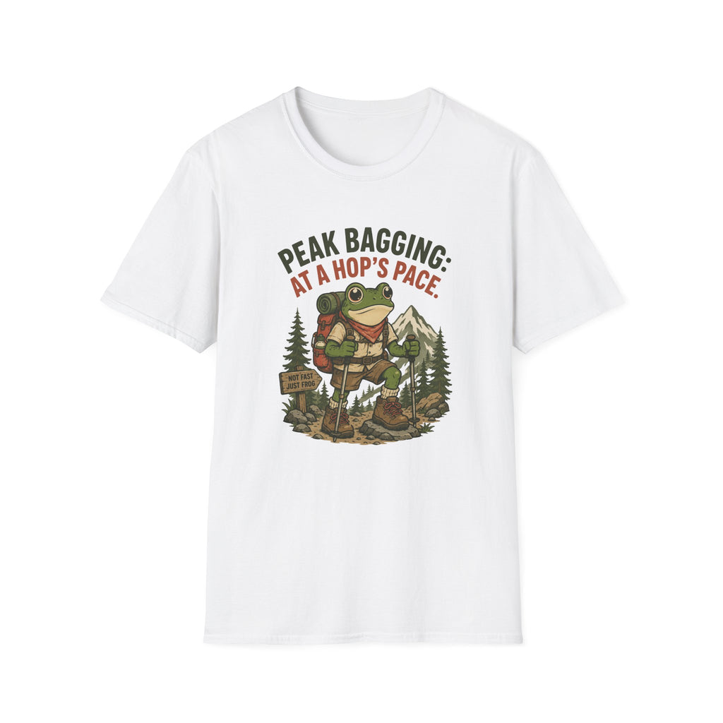 T-Shirt — 'Peak Bagging: At a Hop's Pace' Frog Hiker Outdoor Graphic Tee