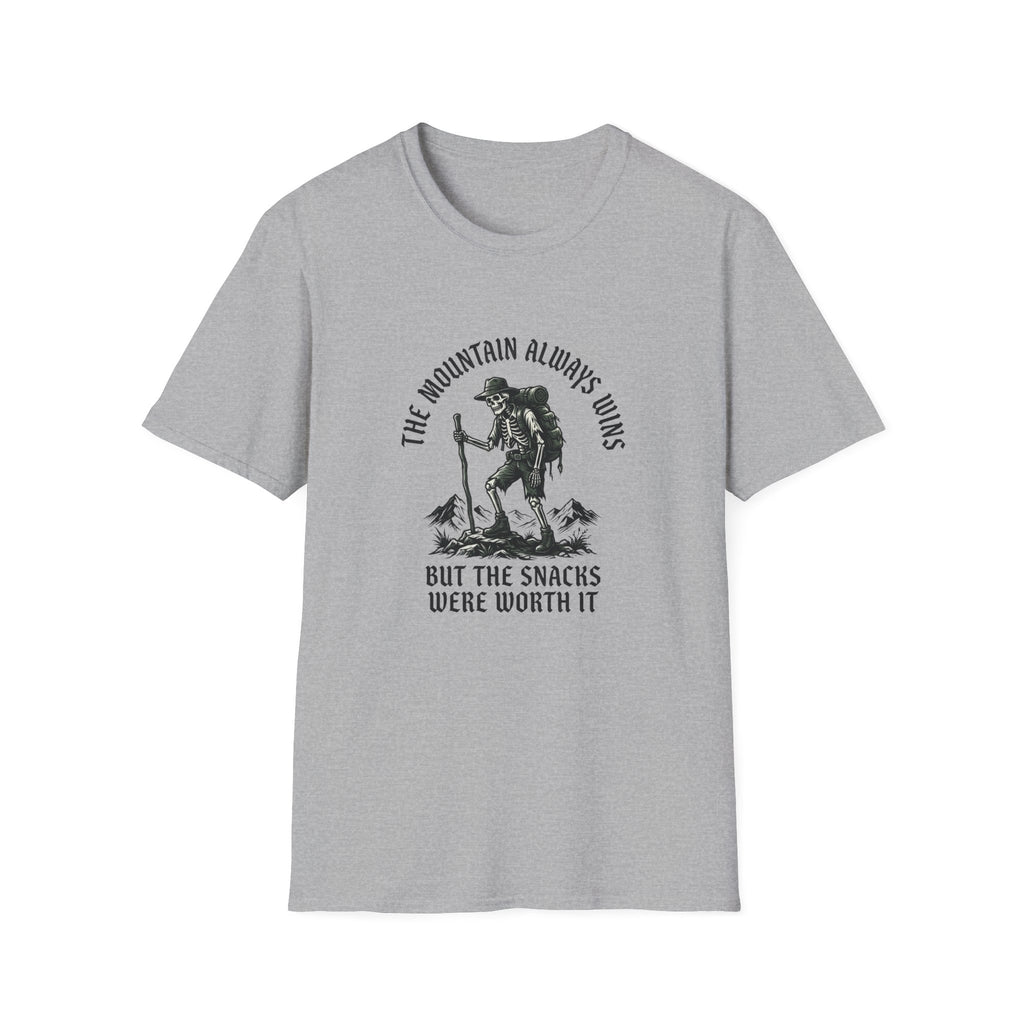 Hiking Skeleton T-Shirt — “The Mountain Always Wins” Outdoor Adventure Tee