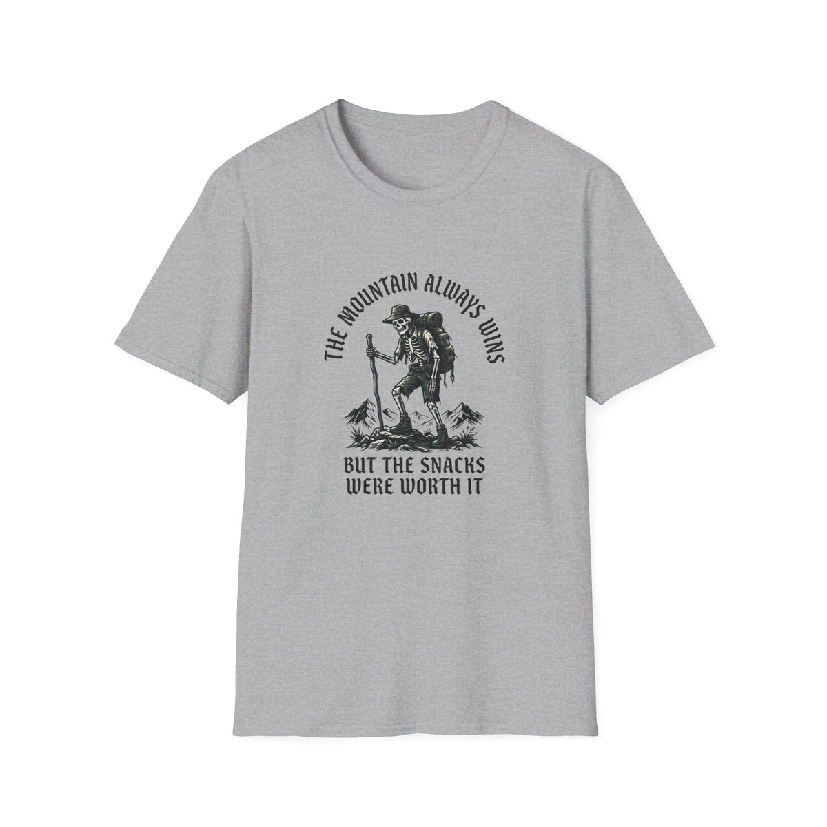 Hiking Skeleton T-Shirt — “The Mountain Always Wins” Outdoor Adventure Tee