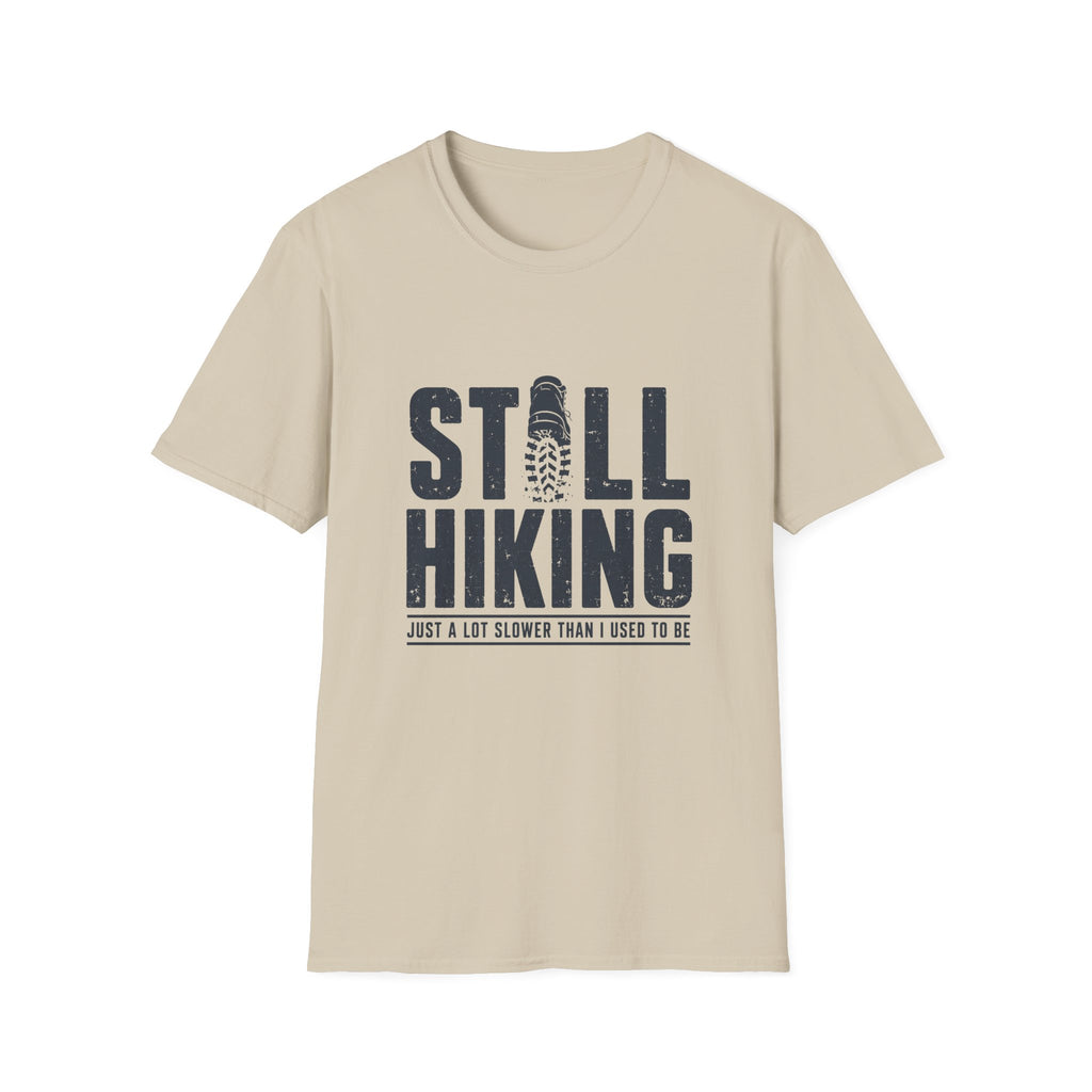 Still Hiking T-Shirt — Retro Bootprint Outdoor Tee for Hikers