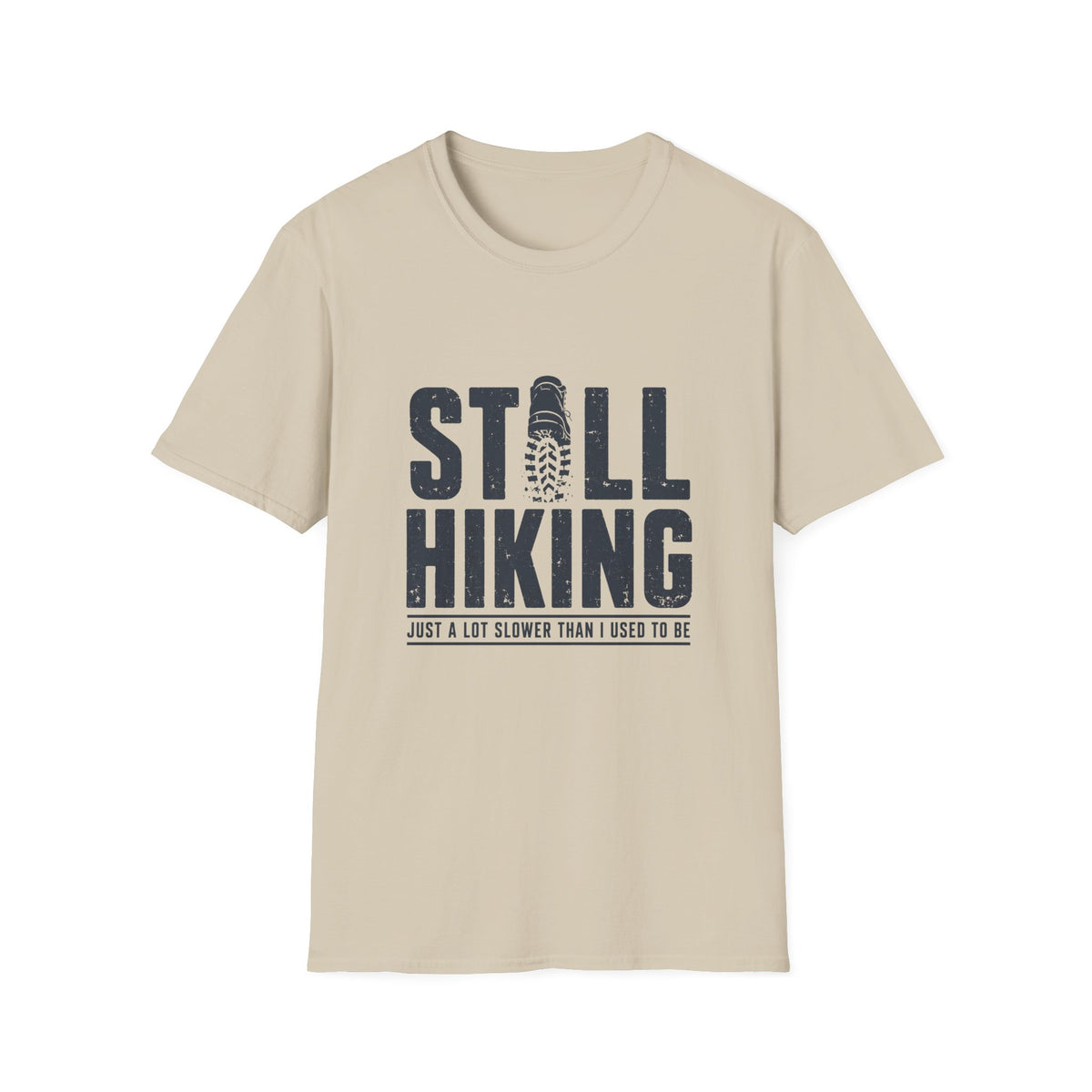 Still Hiking T-Shirt — Retro Bootprint Outdoor Tee for Hikers