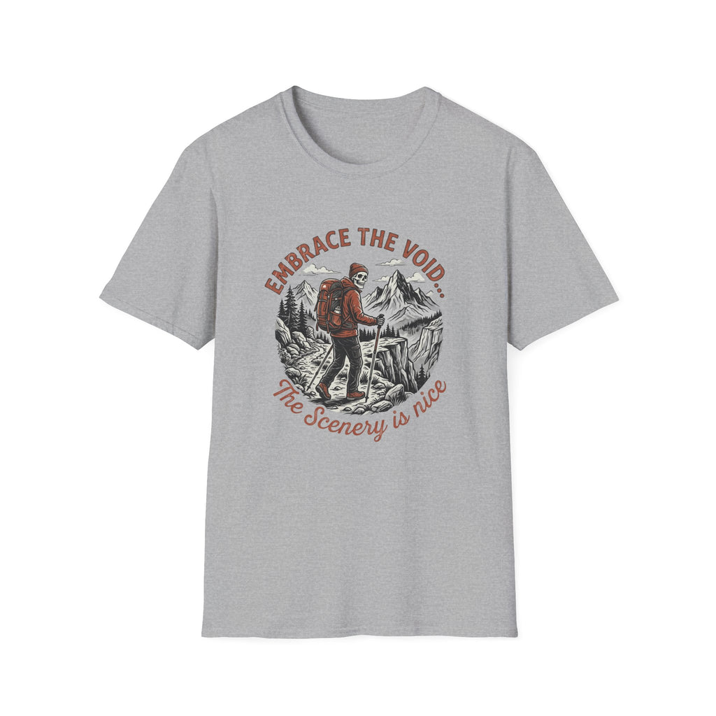 Hiking T-Shirt — "Embrace the Void" Scenic Mountain Backpacker Tee