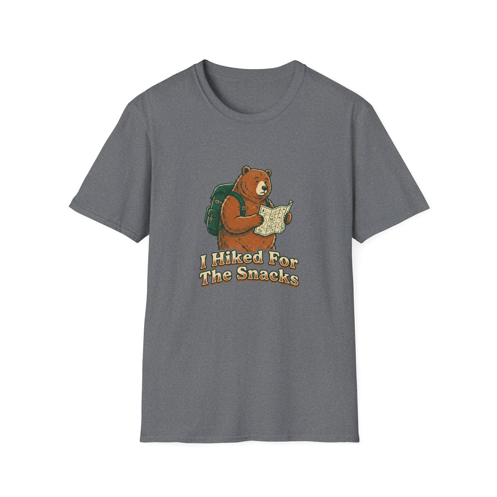 Bear Backpacker T-Shirt — 'I Hiked For The Snacks' Outdoor Adventure Tee
