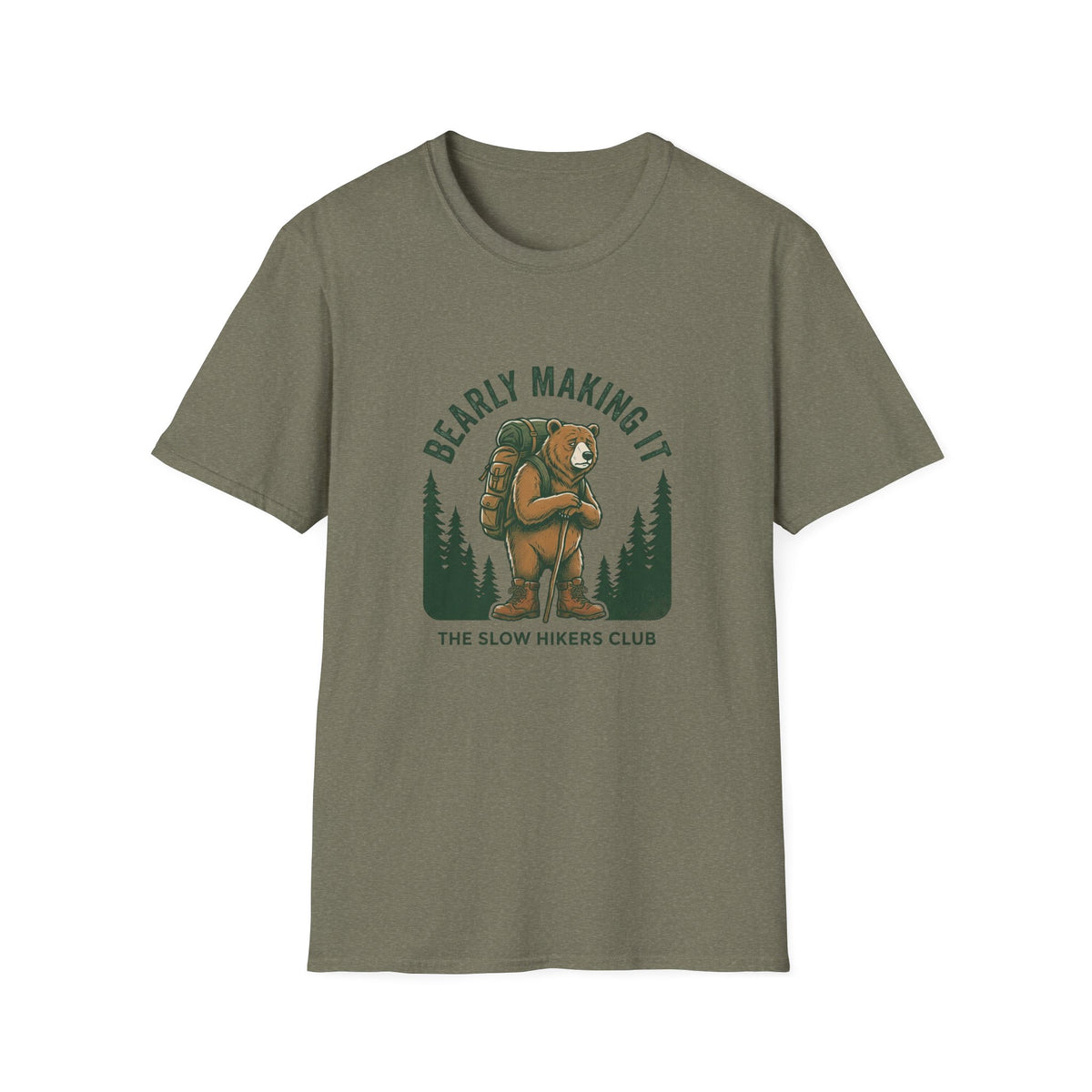 Bear Backpacker T‑Shirt — "Bearly Making It" Camping Graphic Tee