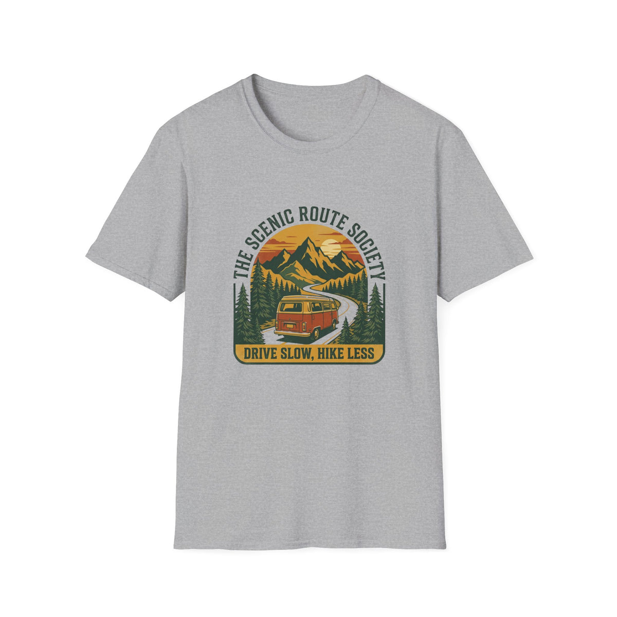 Scenic Route T-Shirt — "The Scenic Route Society: Drive Slow, Hike Less" Mountain Road Tee