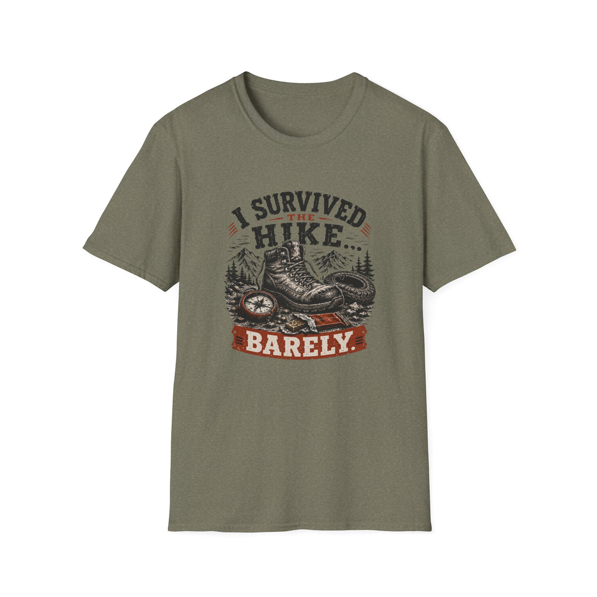 Hiking T-Shirt — "I Survived the Hike... Barely" Vintage Boots & Mountains Tee