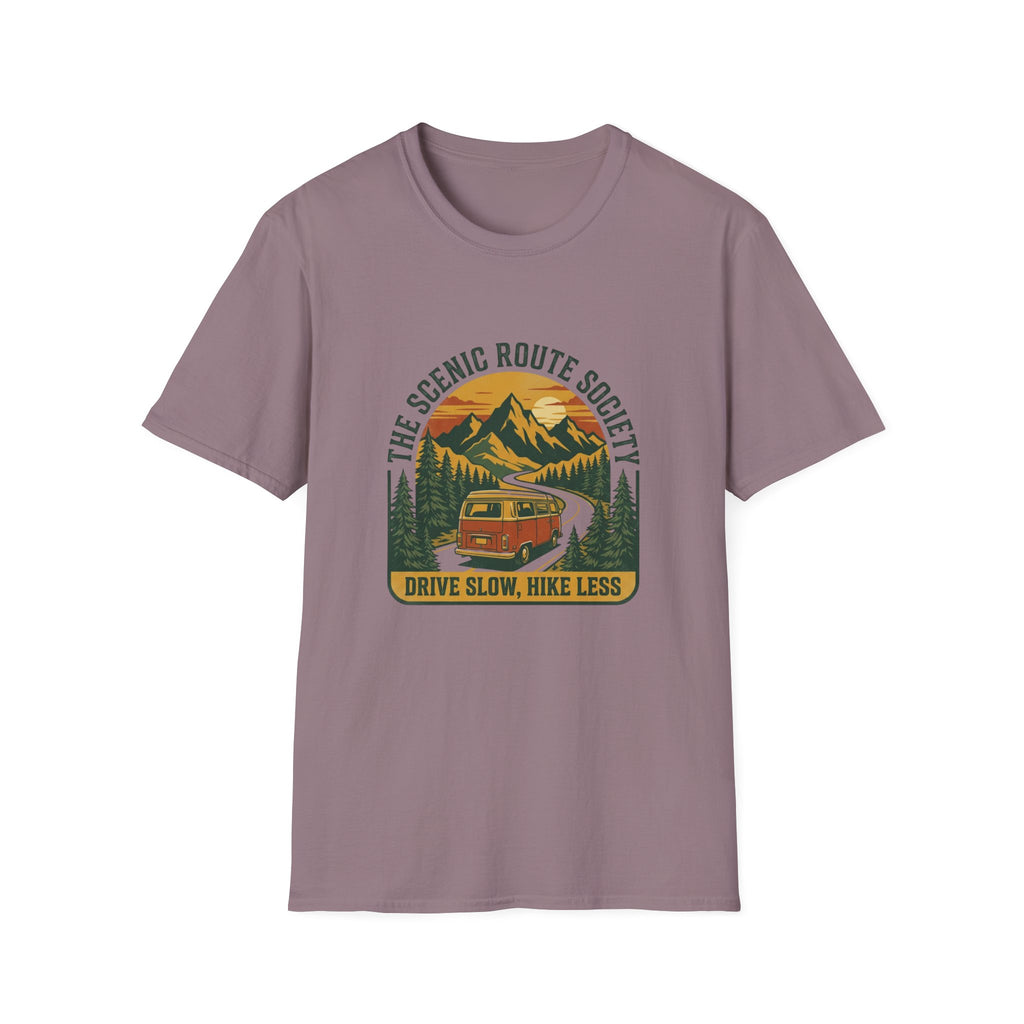 Scenic Route T-Shirt — "The Scenic Route Society: Drive Slow, Hike Less" Mountain Road Tee