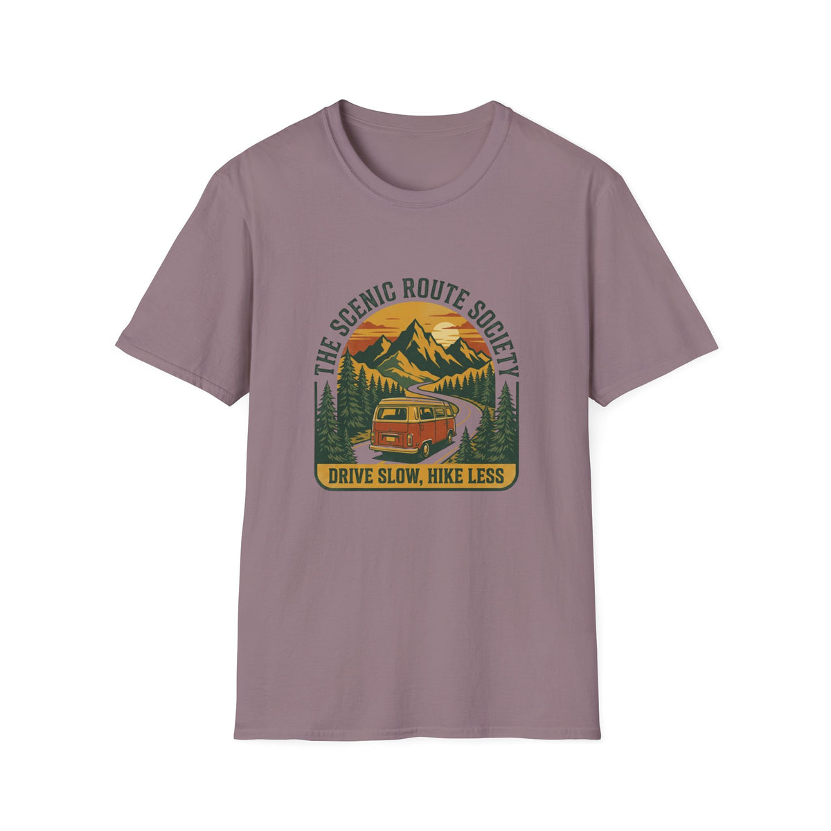 Scenic Route T-Shirt — "The Scenic Route Society: Drive Slow, Hike Less" Mountain Road Tee
