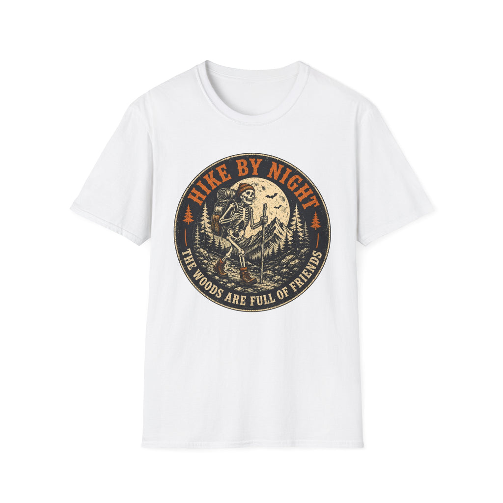 Hike By Night T‑Shirt — Retro Skeleton Night Hiker Graphic