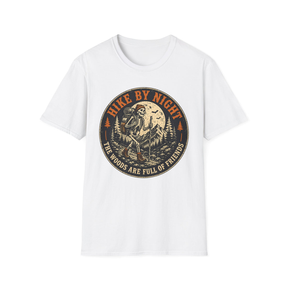 Hike By Night T‑Shirt — Retro Skeleton Night Hiker Graphic