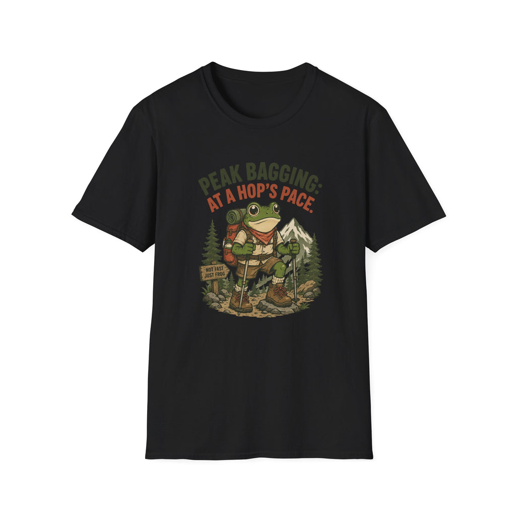 T-Shirt — 'Peak Bagging: At a Hop's Pace' Frog Hiker Outdoor Graphic Tee