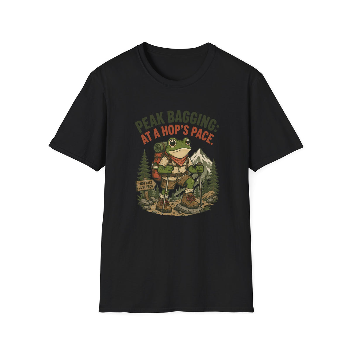 T-Shirt — 'Peak Bagging: At a Hop's Pace' Frog Hiker Outdoor Graphic Tee
