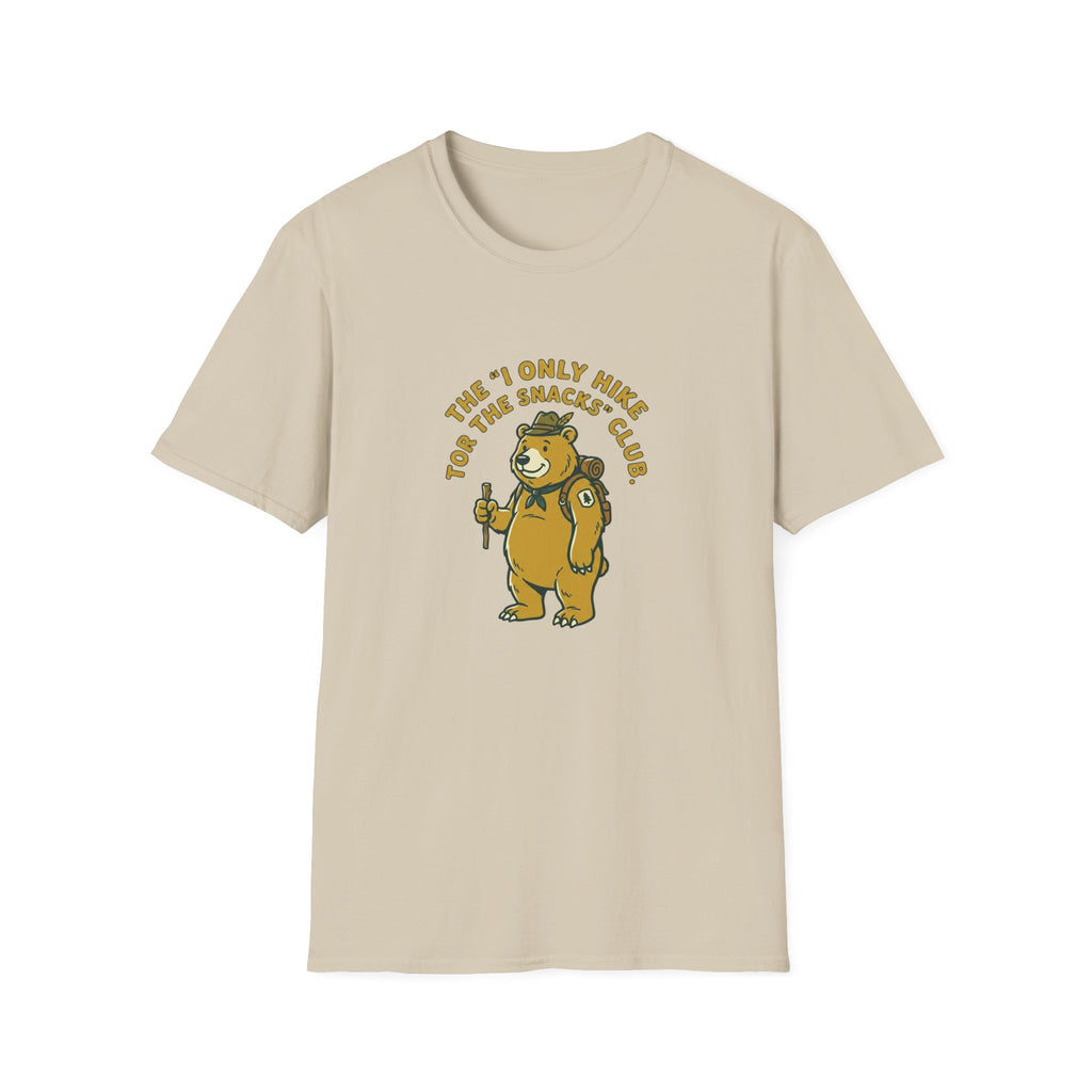 Hiker Bear T-Shirt — “The I Only Hike for the Snacks Club” Funny Outdoor Tee