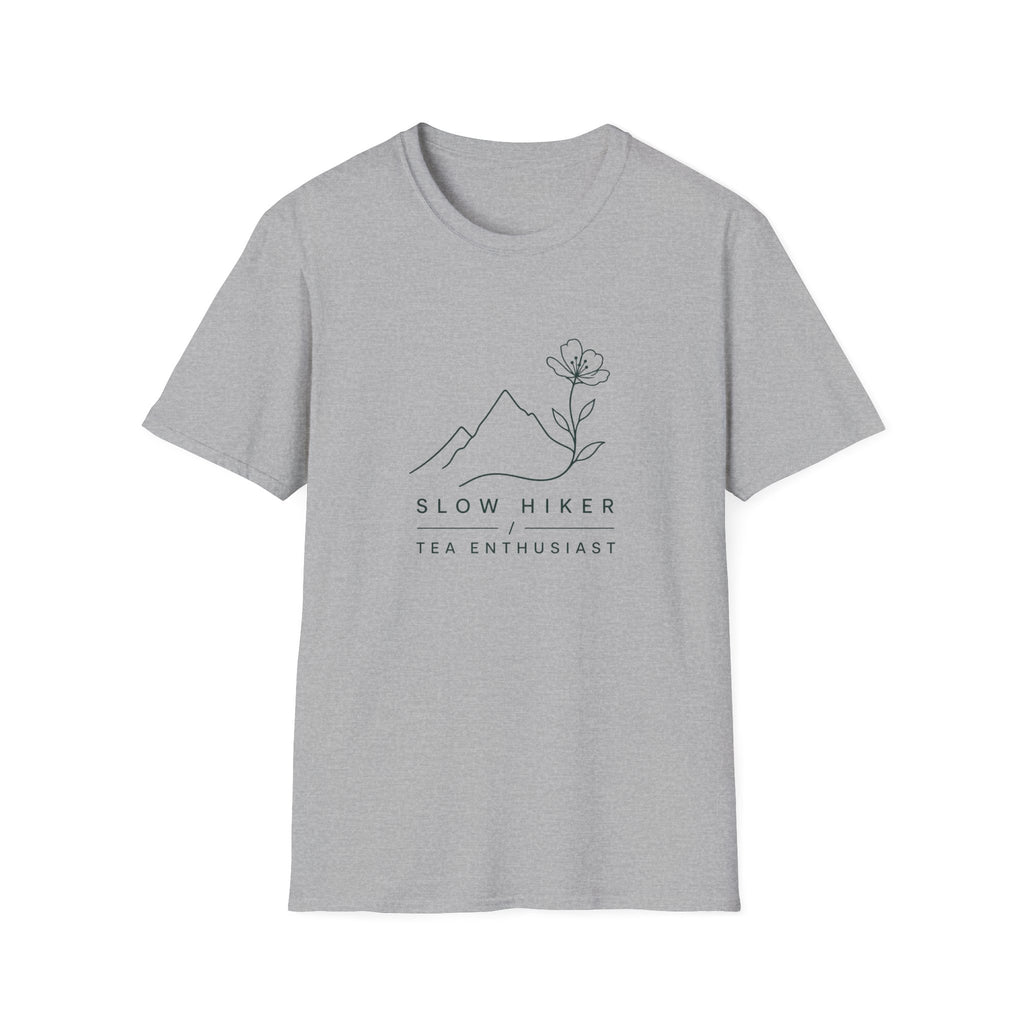 Slow Hiker T-Shirt — Minimal Mountain & Flower Tee for Hikers & Tea Lovers