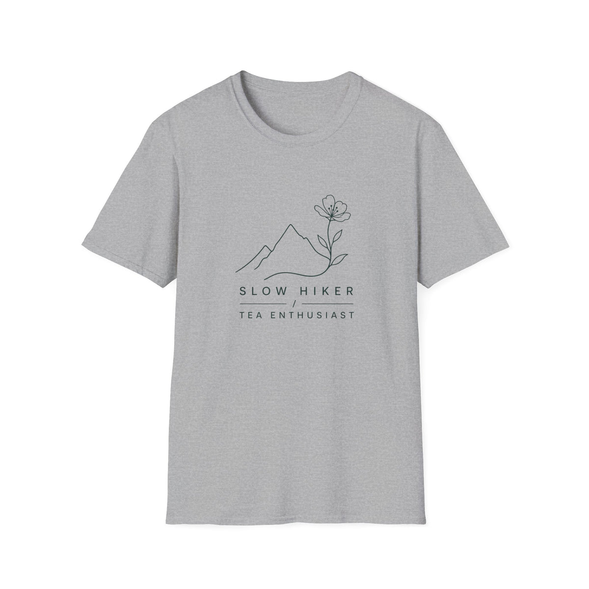 Slow Hiker T-Shirt — Minimal Mountain & Flower Tee for Hikers & Tea Lovers