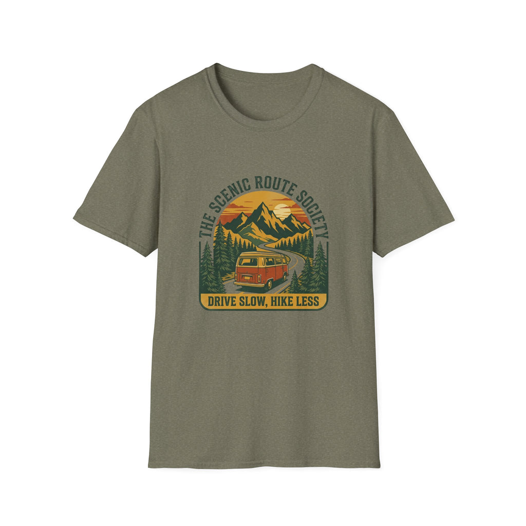 Scenic Route T-Shirt — "The Scenic Route Society: Drive Slow, Hike Less" Mountain Road Tee