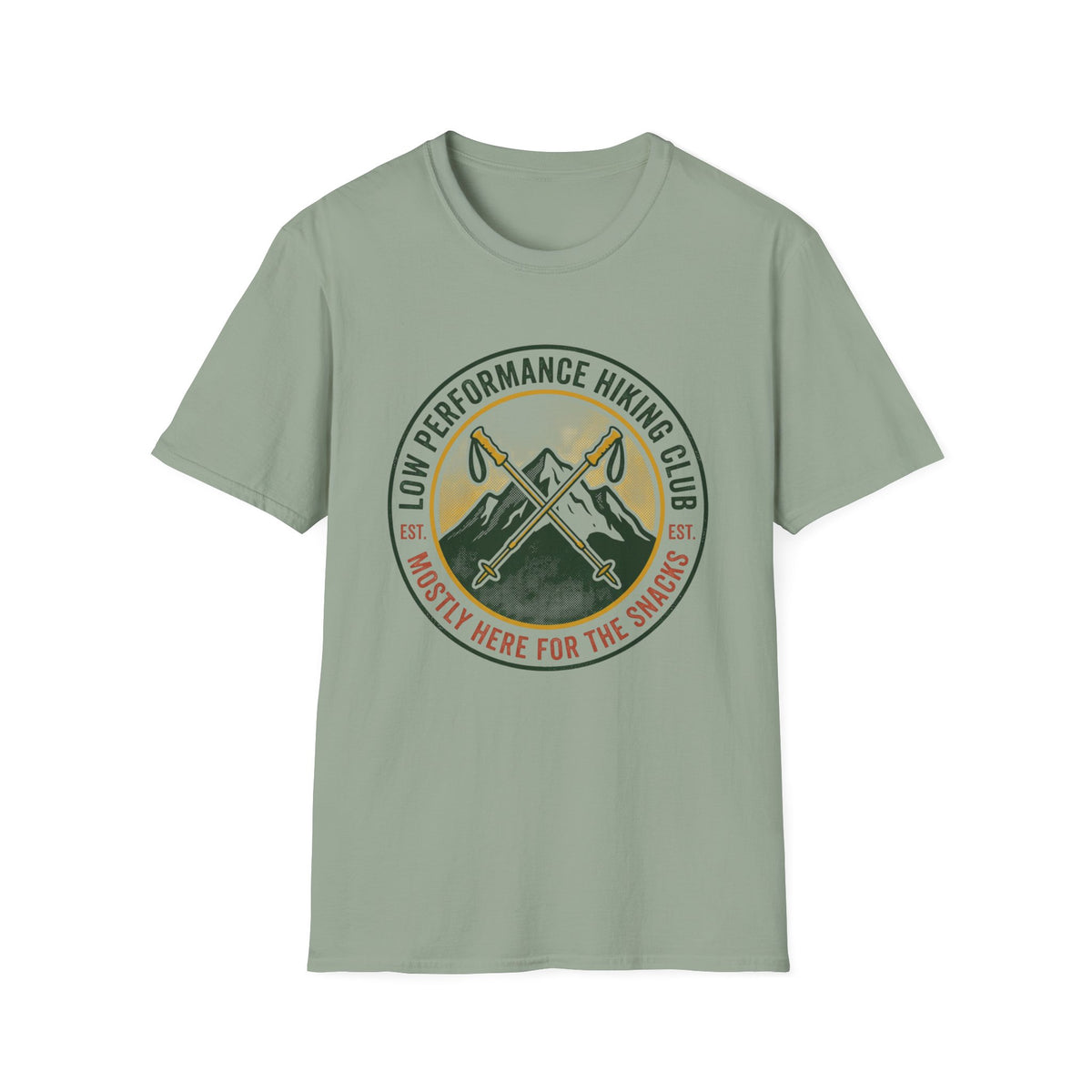 Hiking T-Shirt — "Low Performance Hiking Club" Retro Mountain Graphic