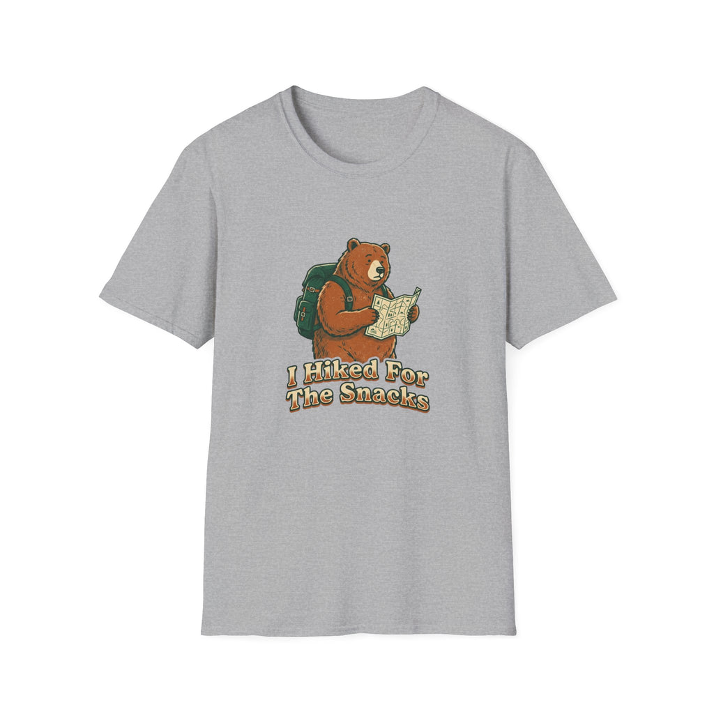 Bear Backpacker T-Shirt — 'I Hiked For The Snacks' Outdoor Adventure Tee