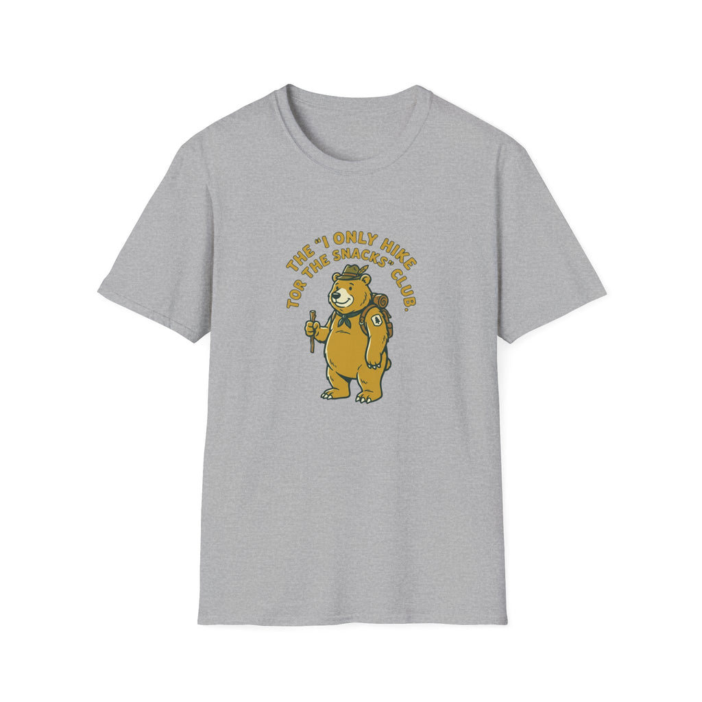Hiker Bear T-Shirt — “The I Only Hike for the Snacks Club” Funny Outdoor Tee