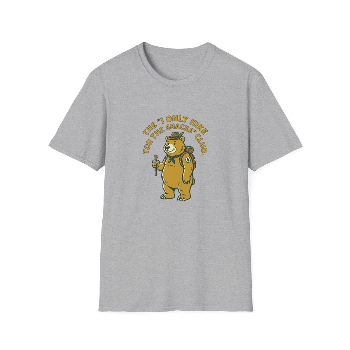 Hiker Bear T-Shirt — “The I Only Hike for the Snacks Club” Funny Outdoor Tee