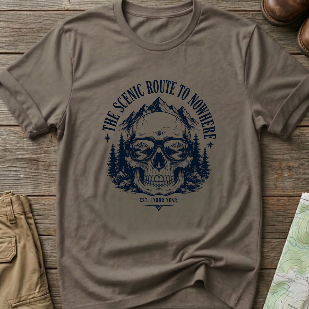 Scenic Route To Nowhere Skull T-Shirt — Vintage Mountain Adventure Tee