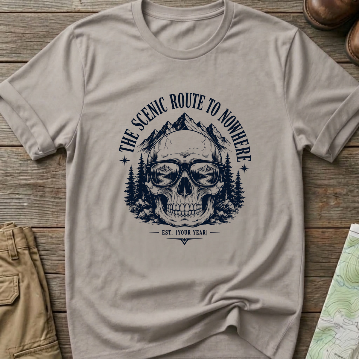 Scenic Route To Nowhere Skull T-Shirt — Vintage Mountain Adventure Tee